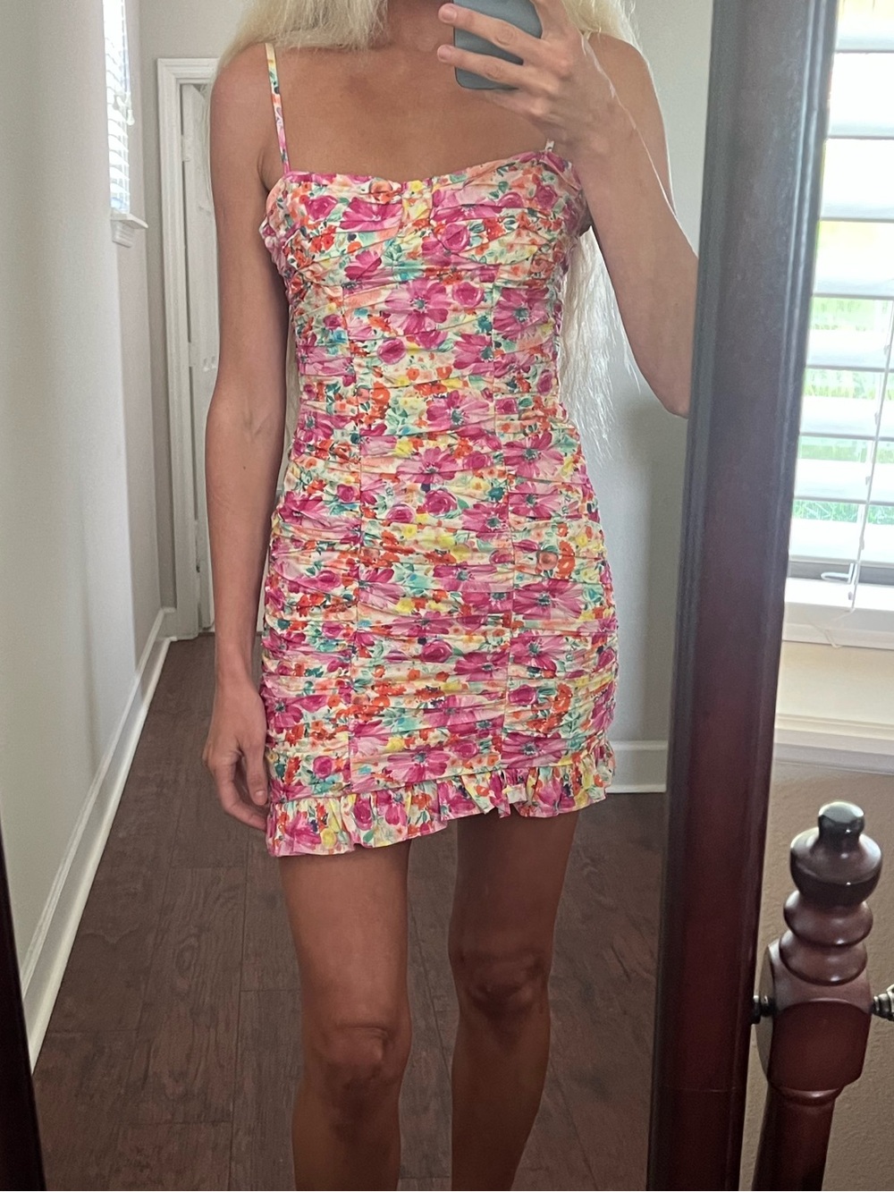 Zara Pink Floral Ruched Spaghetti-Strap Mini Dress